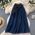 K-style light mature style polka dot silk scarf a-line skirt women's summercasualslimming look denim patchwork mid-length skirt work clothing