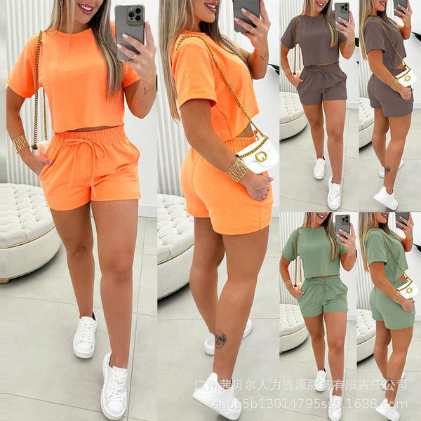 ODF4065 Europe and America 2024 women's clothing solid color drawstring casual set 2-piece set