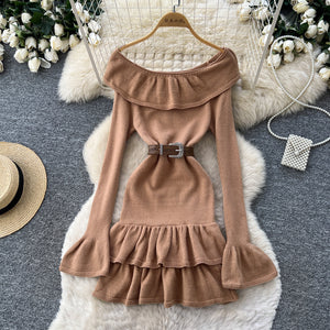 Gentle style slanted shoulder rufflesknittingdress women's waist slimming look cake skirt work clothingelegantsweater bottom skirt