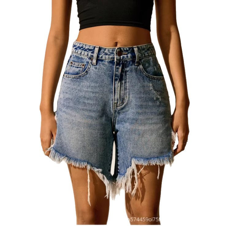 Amazon tiktok pinduoduo export cross-border fashion irregular raw edge denim shorts women's high waist slimming look