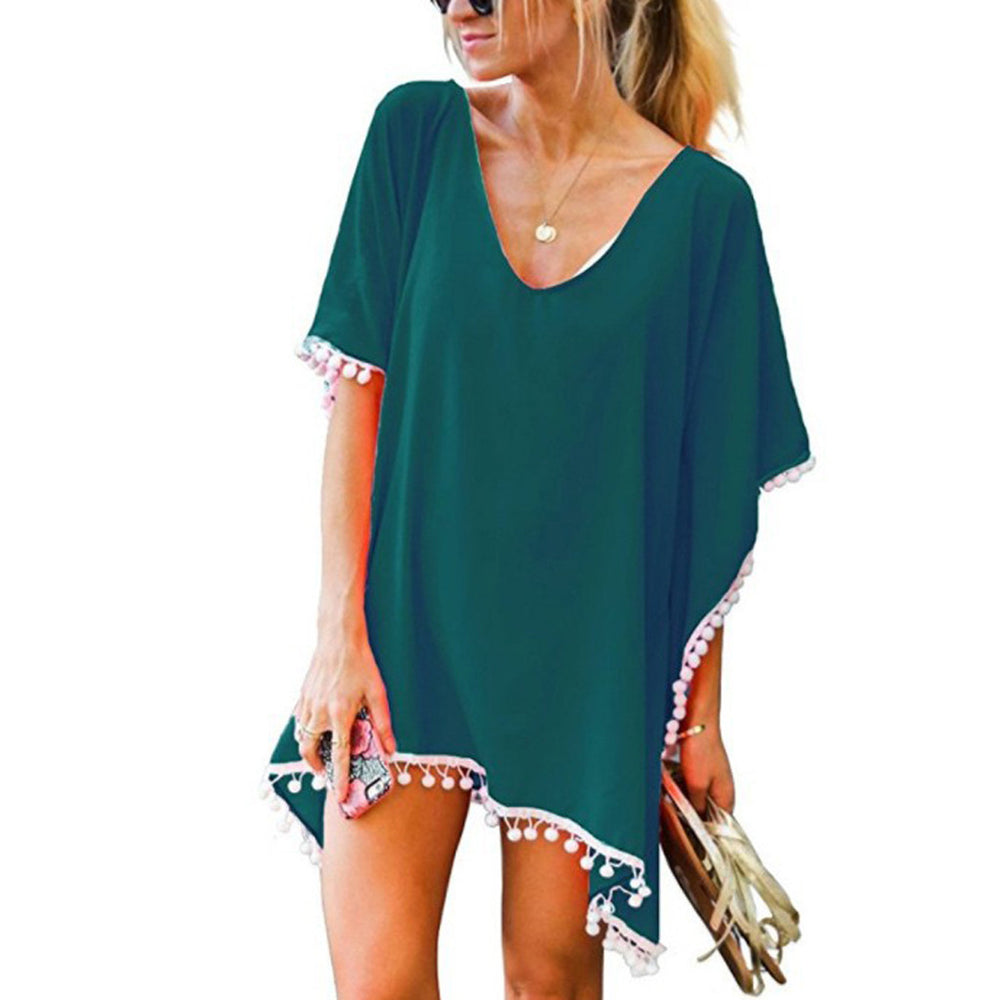 fashionnew arrivalprinting tassel small white ball chiffon beach skirt blouse ready-made trendy brand
