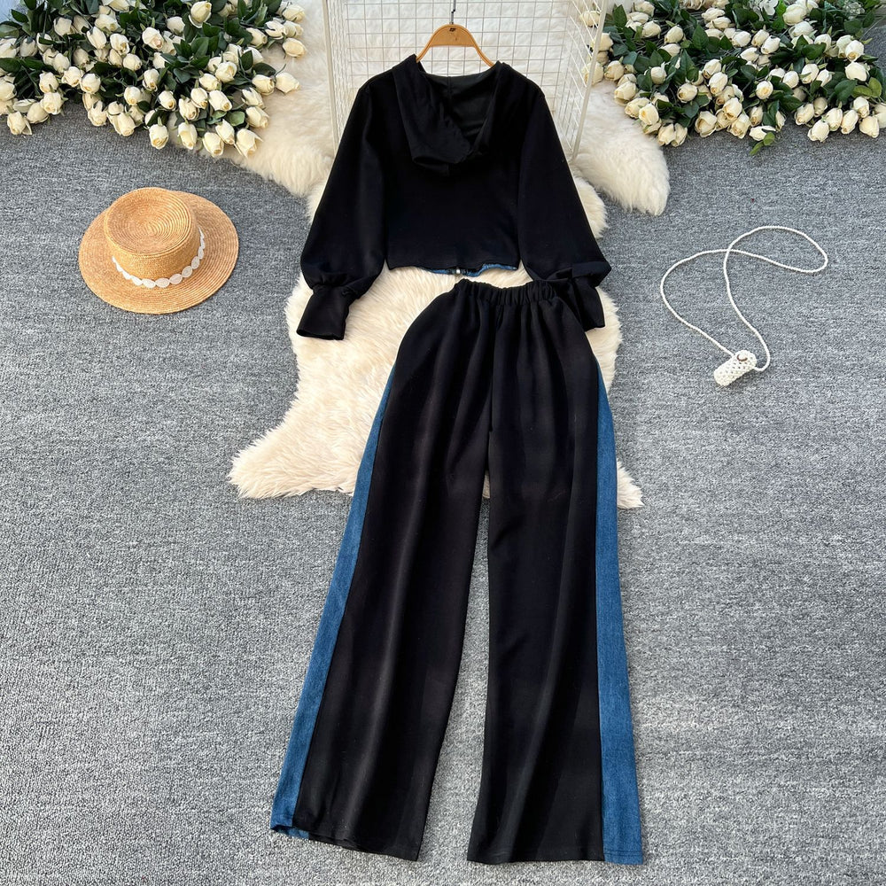 Spring hong kong style casual tracksuit set for women - pullover hoodie sweatshirt + high-waisted denim patchwork wide-leg pants