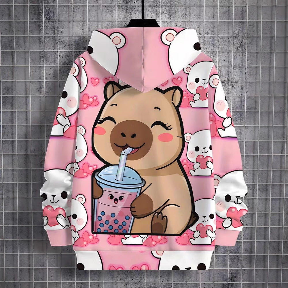 Girls' heartfelt capybara print hoodie - trendy & casual kids' clothing, hot seller for cross-border e-commerce