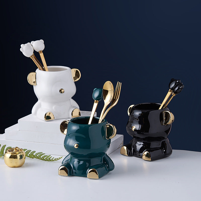Bear fruit fork suit high-looking electroplated ceramic storage jar stainless steel fork spoon combination fruit pick jar wholesale