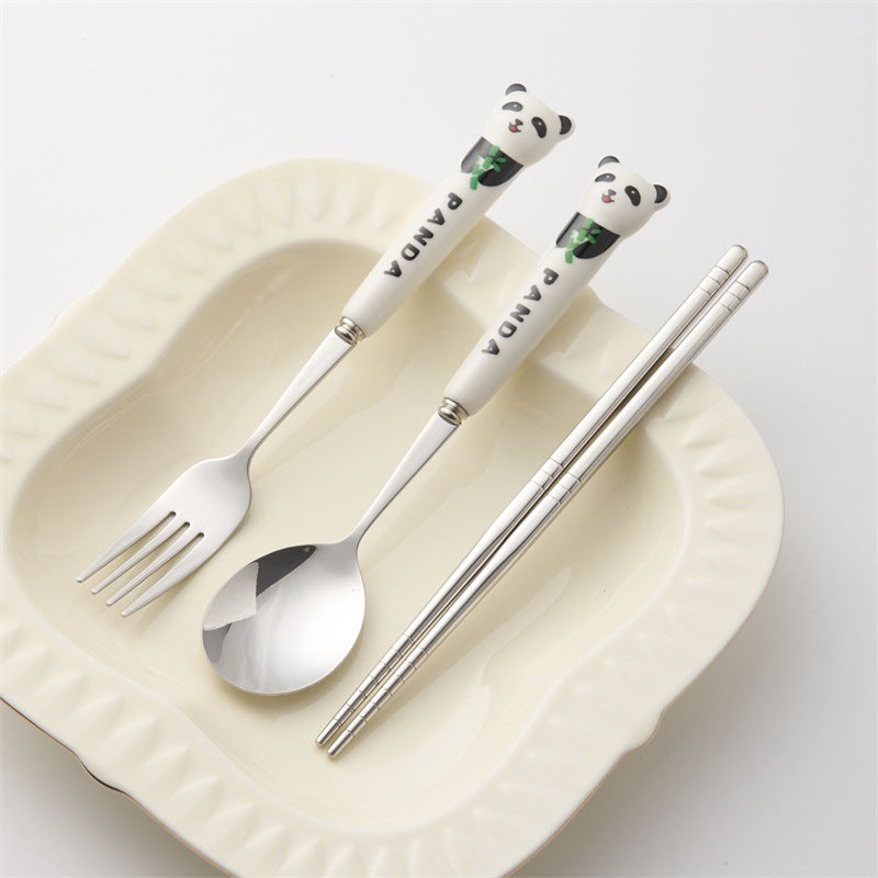 304 stainless steel portable cutlery set - creative panda design with ceramic handle fork, spoon, and chopsticks (3-piece set)