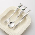 304 stainless steel portable cutlery set - creative panda design with ceramic handle fork, spoon, and chopsticks (3-piece set)