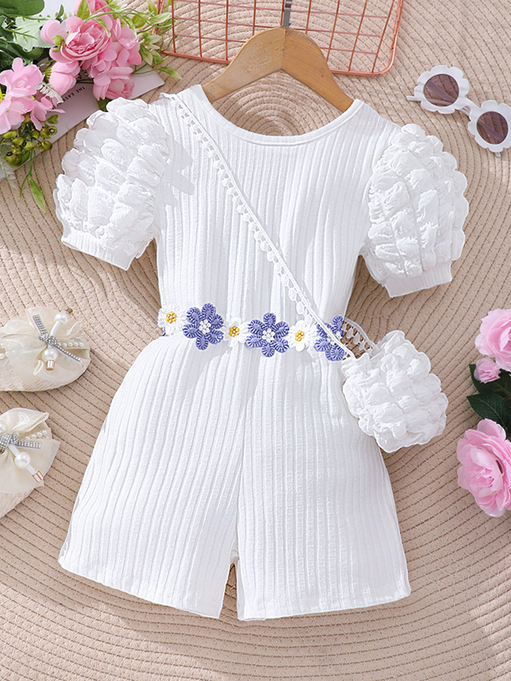 Kids' bubble sleeve ribbed romper with criss-cross back and matching bag