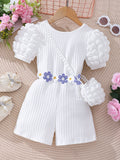 Kids' bubble sleeve ribbed romper with criss-cross back and matching bag
