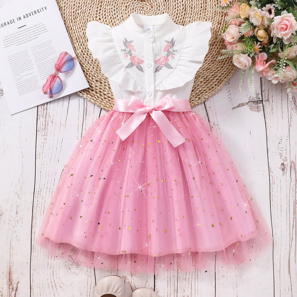 Girls' sleeveless embroidered mesh dress with turn-down collar and woven belt