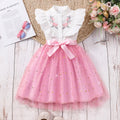 Girls' sleeveless embroidered mesh dress with turn-down collar and woven belt