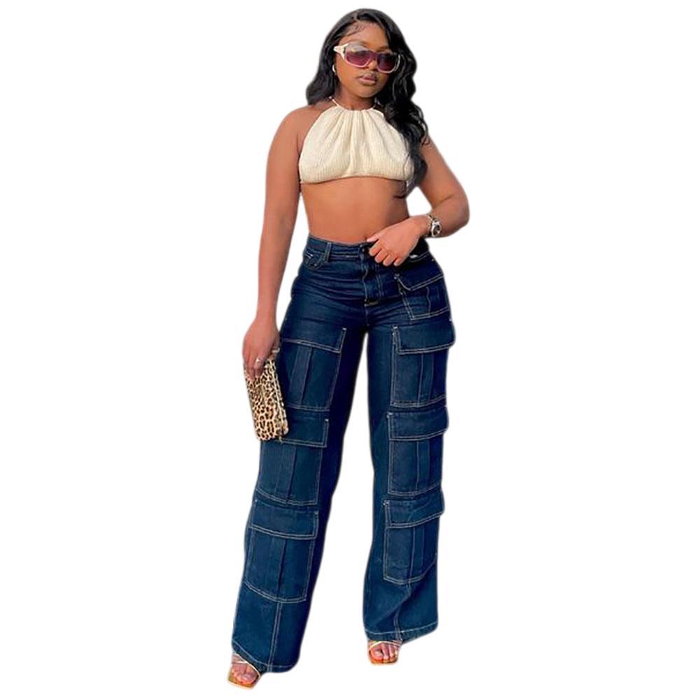 European and american style straight-legjeans  cross-border women's clothing street fashion multi-flap pocket pants exposed seam high waist workwear pants