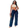 European and american style straight-legjeans  cross-border women's clothing street fashion multi-flap pocket pants exposed seam high waist workwear pants