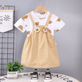 Children's summer overalls two-piece set for boys and girls, 0-5 years old, all-over print crew neck short sleeve outfit