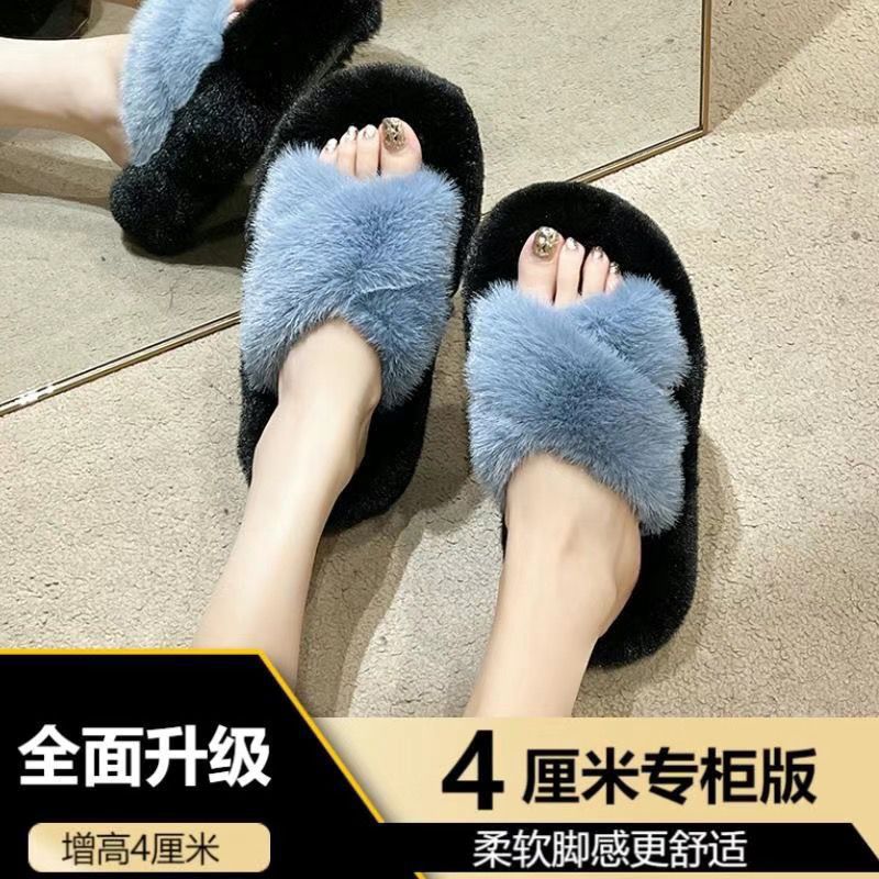 Furry slippers women's outwear 2024new arrivalfall and winterthick soleheight increasing one strap popularfashion cotton slippers