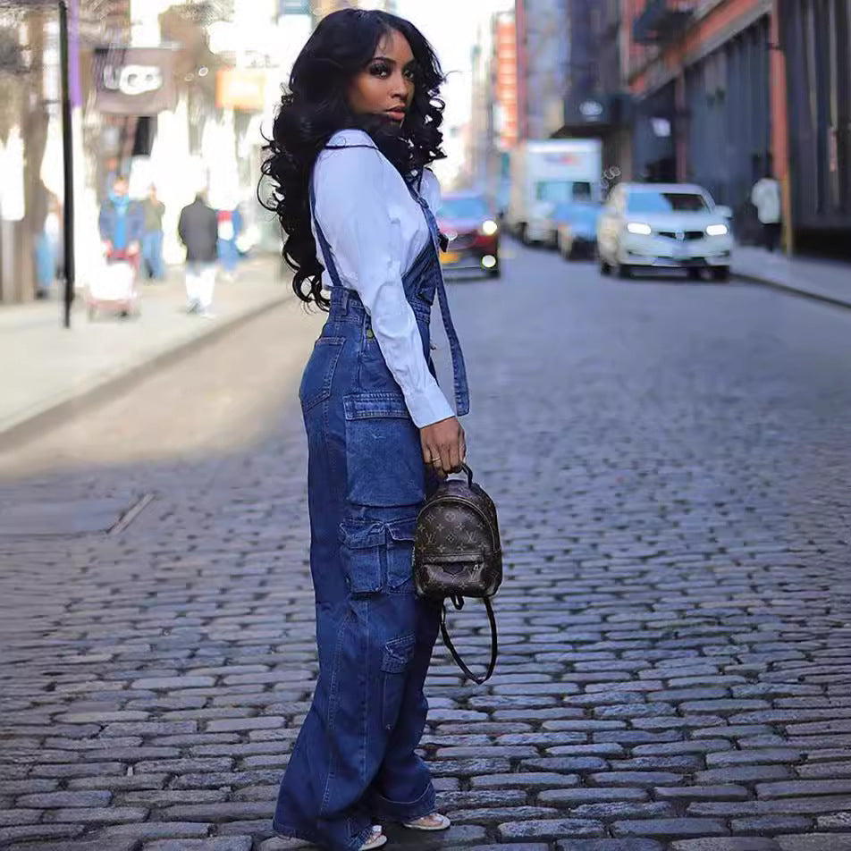 European and american style loose denim overalls -  cross-border women's spring streetwear fashion multi-pocket jumpsuit