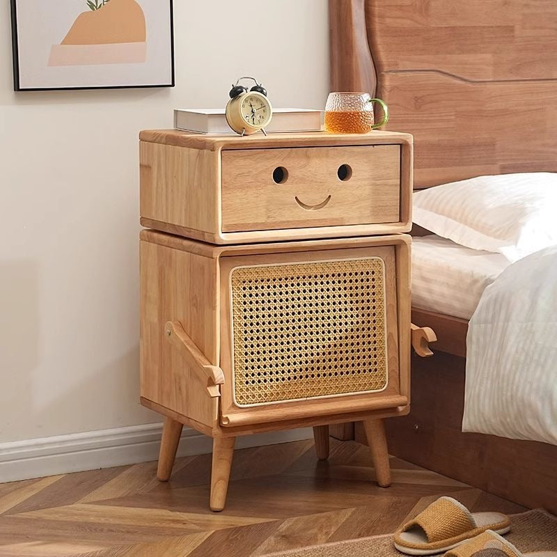 Nordic solid wood bedside table, kids' japanese-style rattan woven robot bedroom storage cabinet, mini simple drawer for small apartments