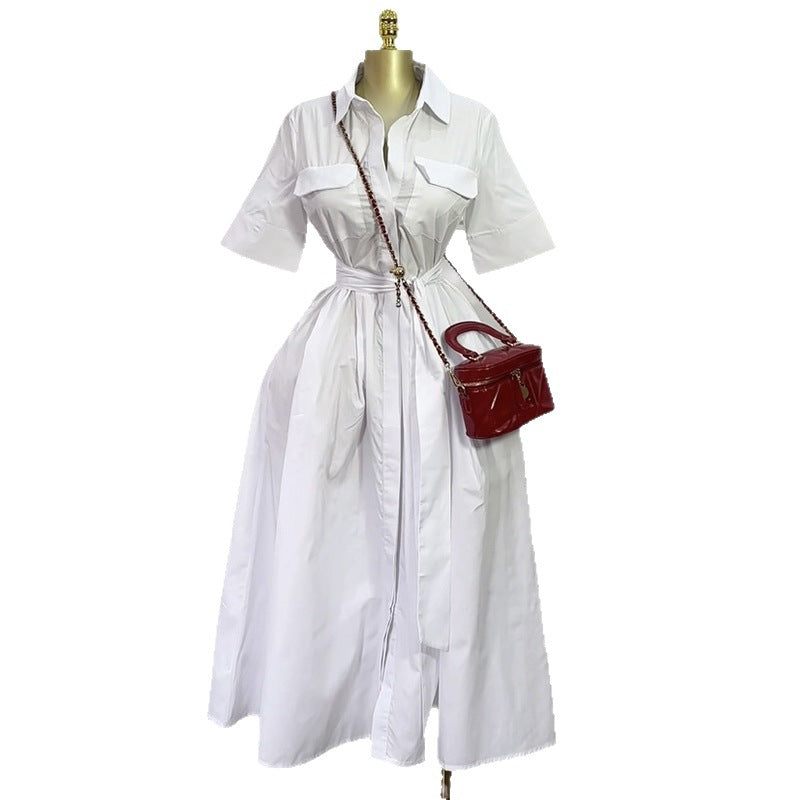 European and american cross-border women's fashion:  spring new arrival - elegant and stylish solid color turn-down collar tie-waist short sleeve shirt dress