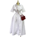 European and american cross-border women's fashion:  spring new arrival - elegant and stylish solid color turn-down collar tie-waist short sleeve shirt dress