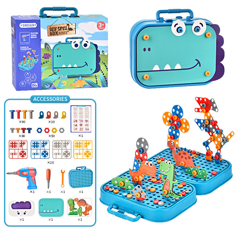 Cross-border export children's electric drill building block screws toolbox toys electric DIY dismantling dinosaur unicorn puzzle