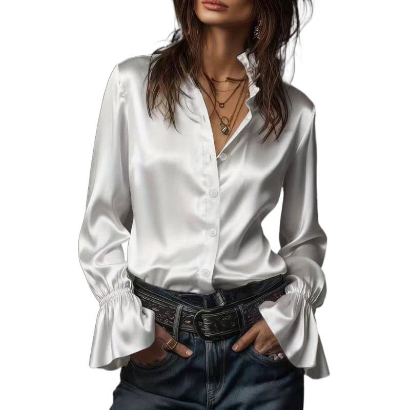 new arrival: solid color wale satin long sleeve blouse