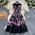 European and american high-end fashion women's vintage style position print slimming waist elegant round neck sleeveless dress