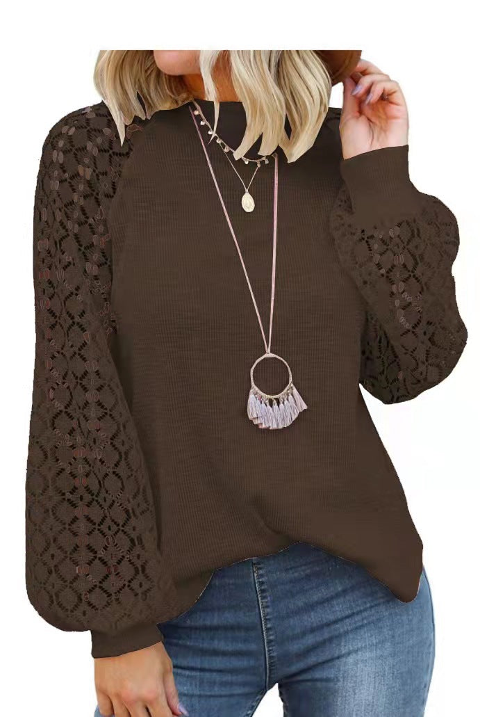 new cross-border  autumn/winter round neck long sleeve lace patchwork loose top for women