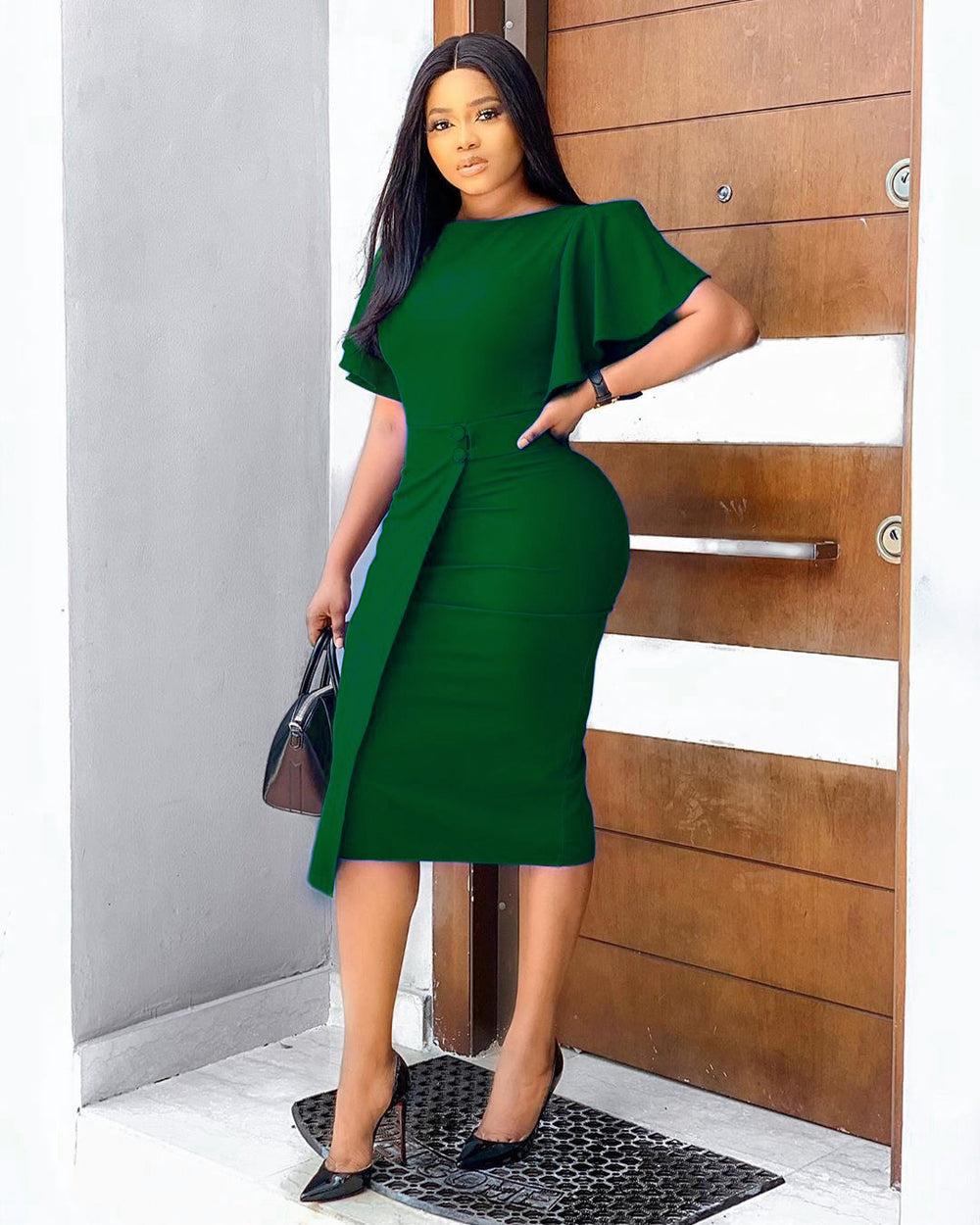 Export women's clothing  summer cross-border plus size bell sleeve round neck slit hip cover professional skirt african dress