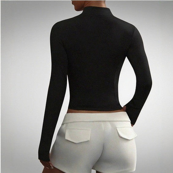 Pre-sale black and white contrasting color stand-up collar full zipper sports jacket women's oblique striped short waist thumb hole long-sleeved top