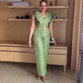 European and american cross-border women's fashion:  autumn new arrival - elegant v-neck flutter sleeve plaid top and wide-leg pants set
