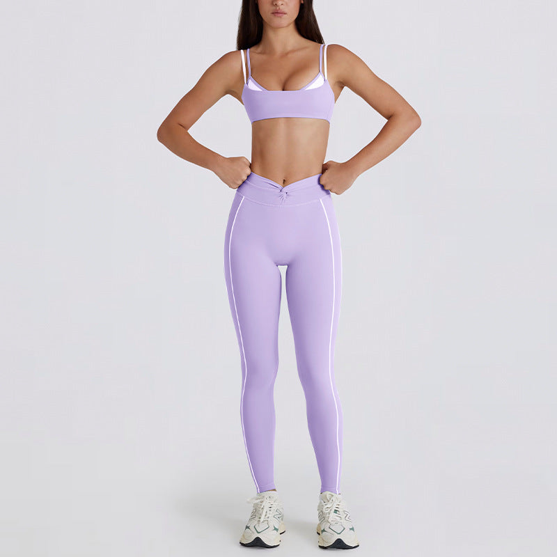 contrast color white stripes fake two pieces running pants shorts twist halter sports intimates bra yoga suit set for women