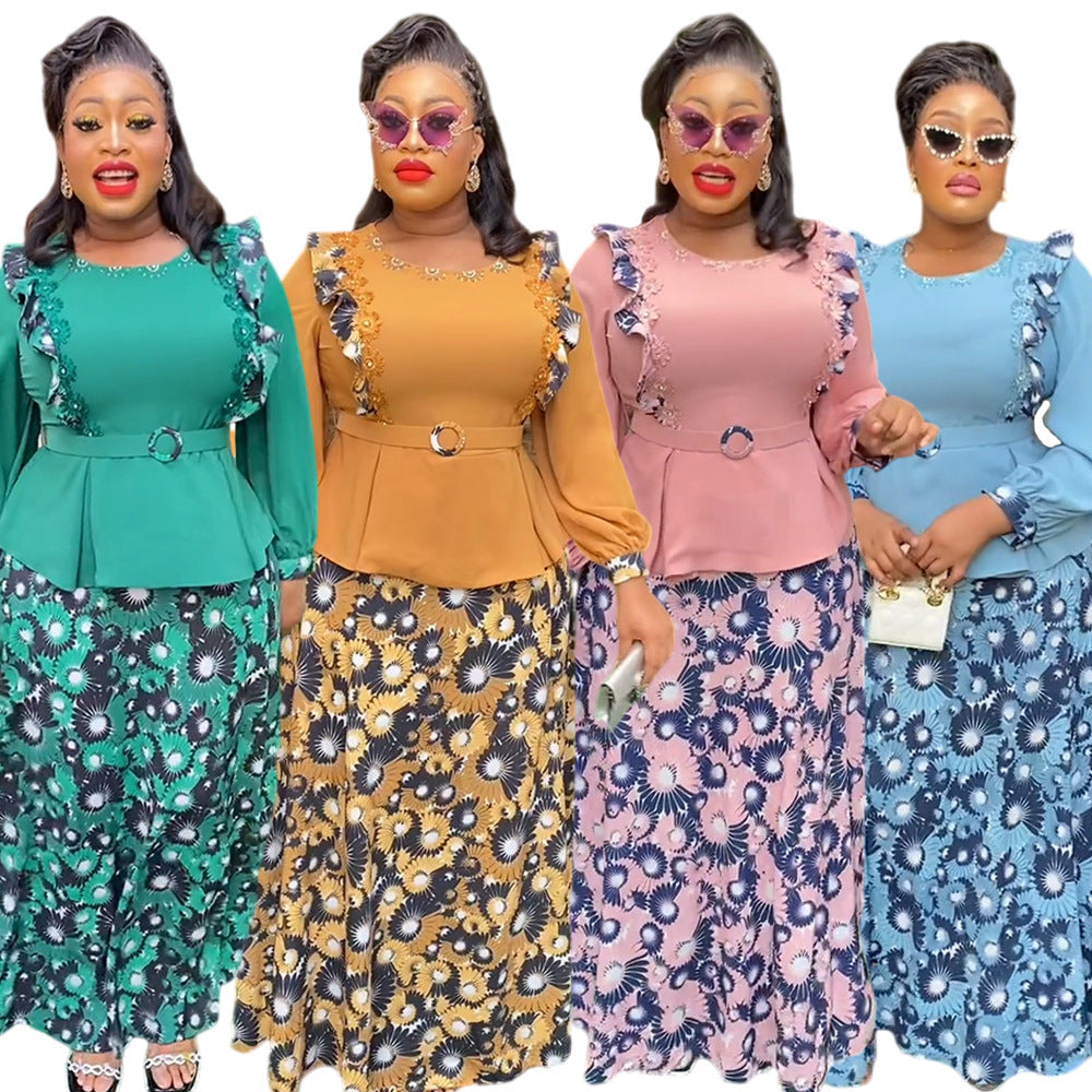 European and american cross-border e-commerce african women's plus size printed dress  elegant commuter skirt two-piece set