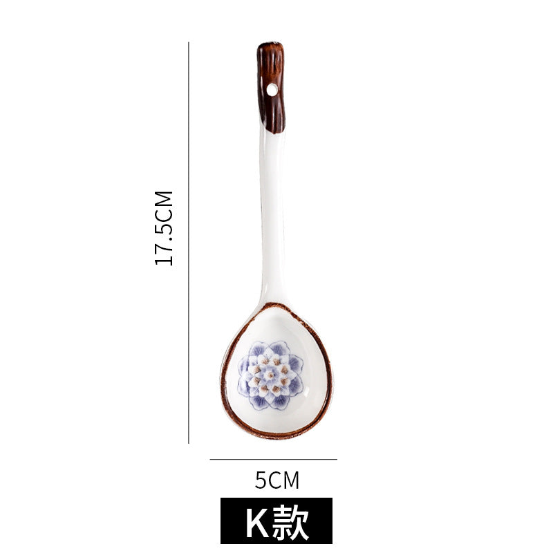 Japanese ceramic long-handled spoon - hand-painted cute creative cartoon dessert spoon - household ramen spoon - soup spoon