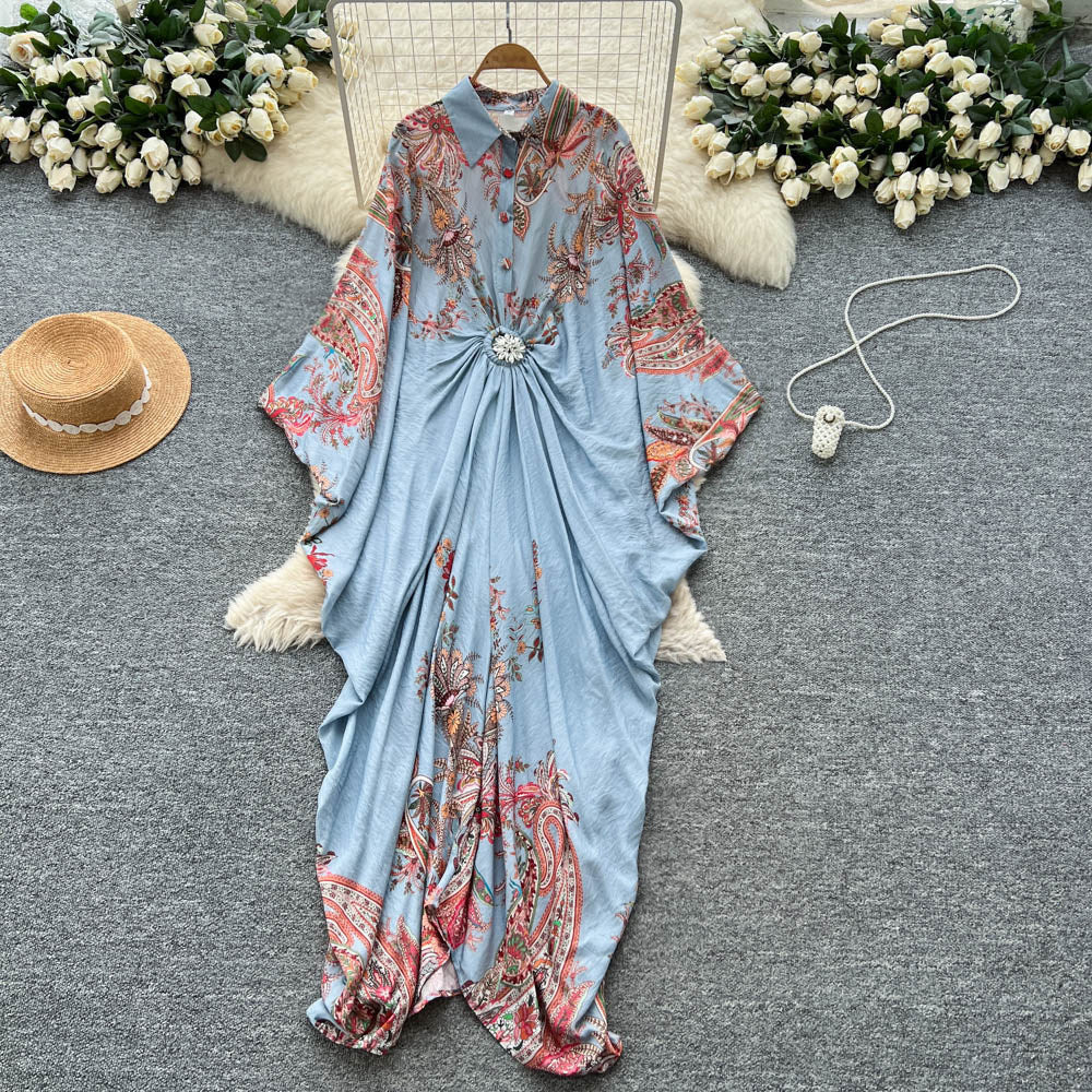 Vacation style printingpatchworkclassy new arrivaldress women's waist slimming look large swing long skirt work clothingelegant skirt