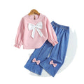 Autumn and winter girls' bow top and pink textured fashion denim pants two-piece set with bow detail
