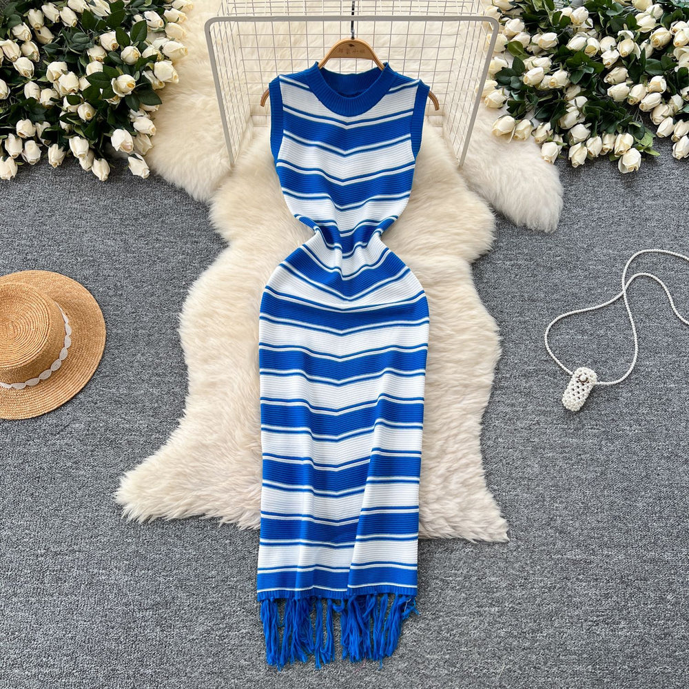 Goddess style elegantsilm round neck sleeveless color block stripesknittingdress women's summer tight hip tassel skirt