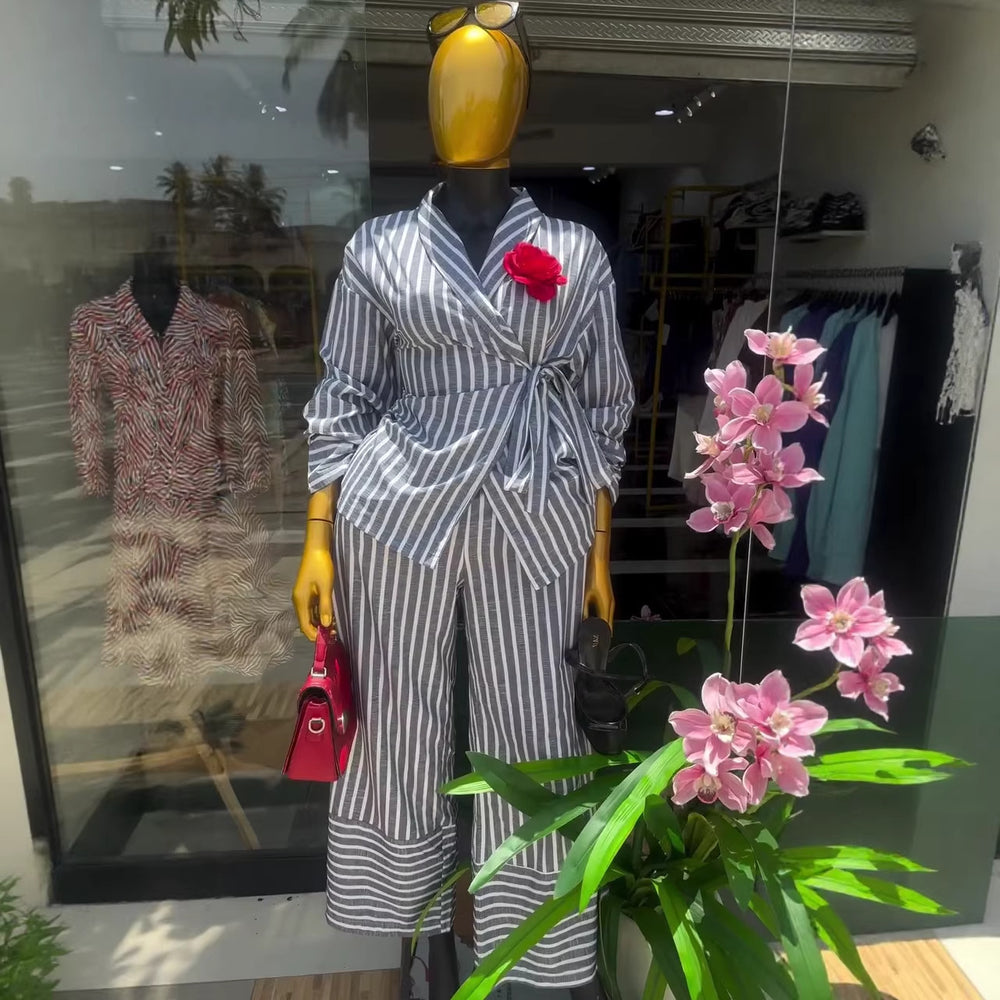 European and american cross-border women's fashion:  summer new arrivals - stylish casual striped tie-front shirt and high-waisted pants set
