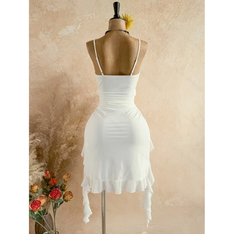 Women's new summer romantic vacation solid color mesh twist knot asymmetrical hem midi slip dress