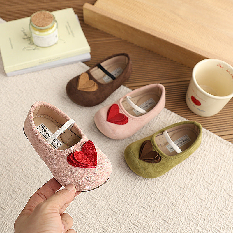 Vancahao korean children's shoes  spring and autumn new girls' suede heart princess shoes soft sole mary jane flats