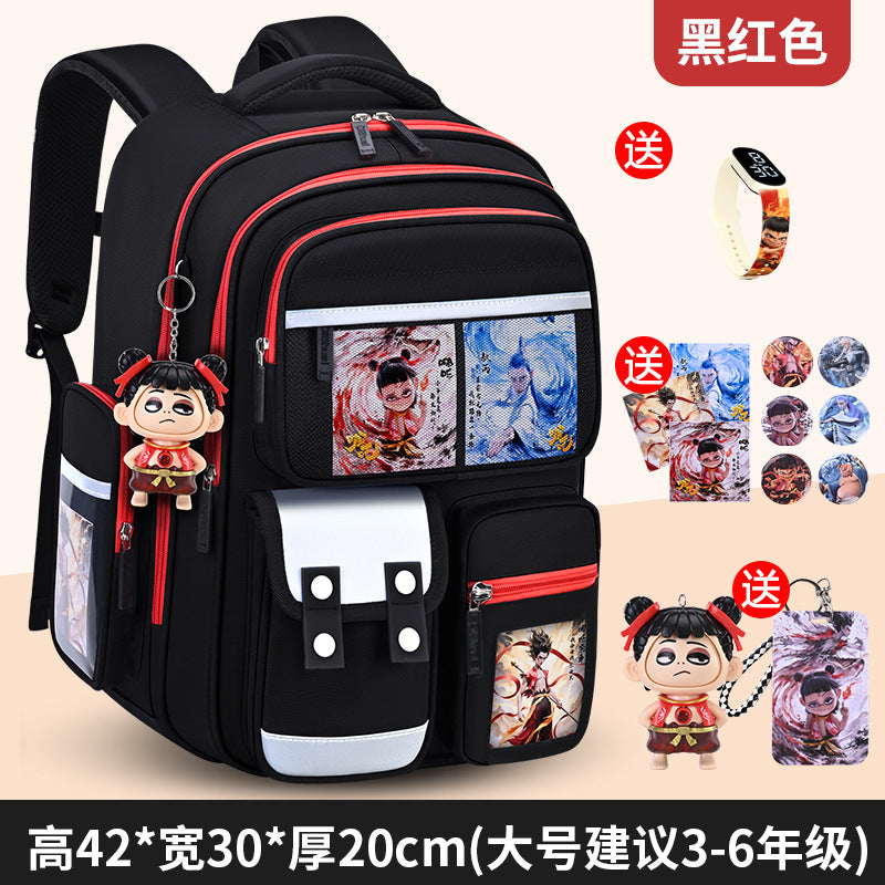 New nezha backpack for boys and girls, grades 1-6: spine protection, lightweight design, and extra-large capacity