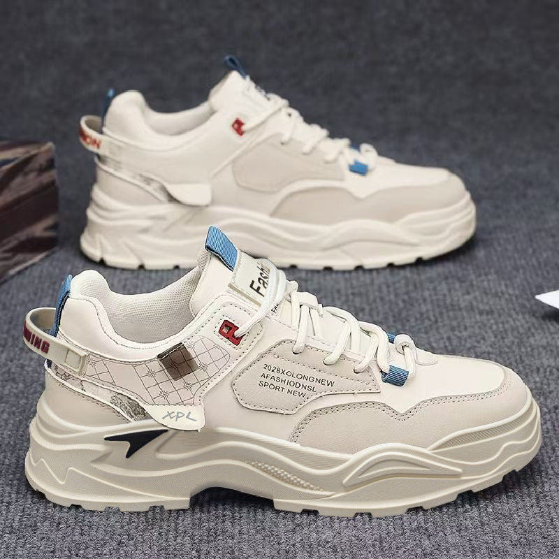 Men's spring versatile casual work shoes - leather, waterproof, athletic, height-increasing, white trendy sneakers for work and everyday wear