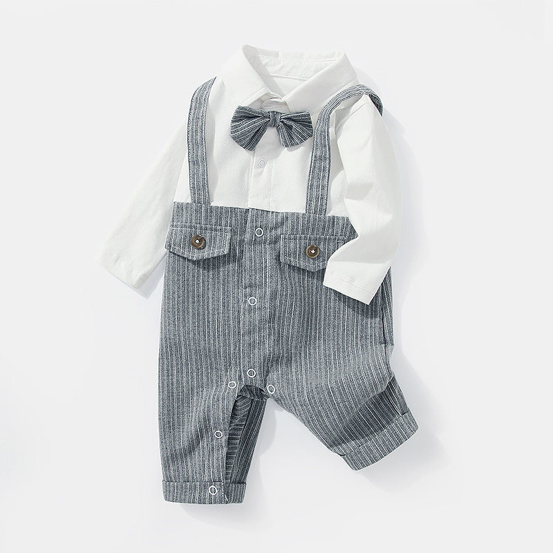 Baby clothes boys' romper two-tone grey gentleman long sleeve first birthday outfit pure cotton