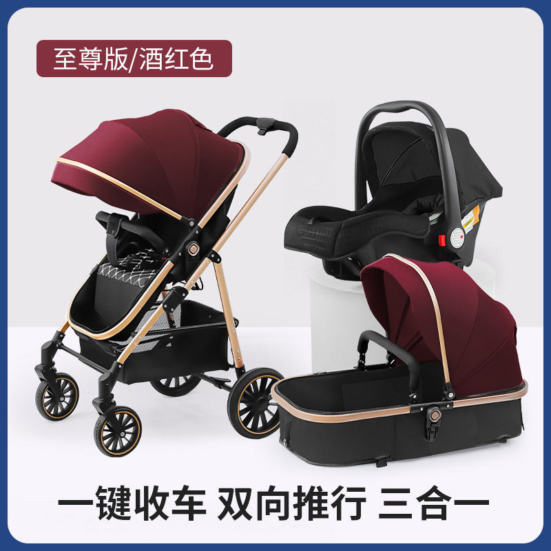 Baby stroller - convertible pushchair, reclining seat, extra long & wide, large sleeping space, blue folding stroller, four-wheel baby carriage, pram