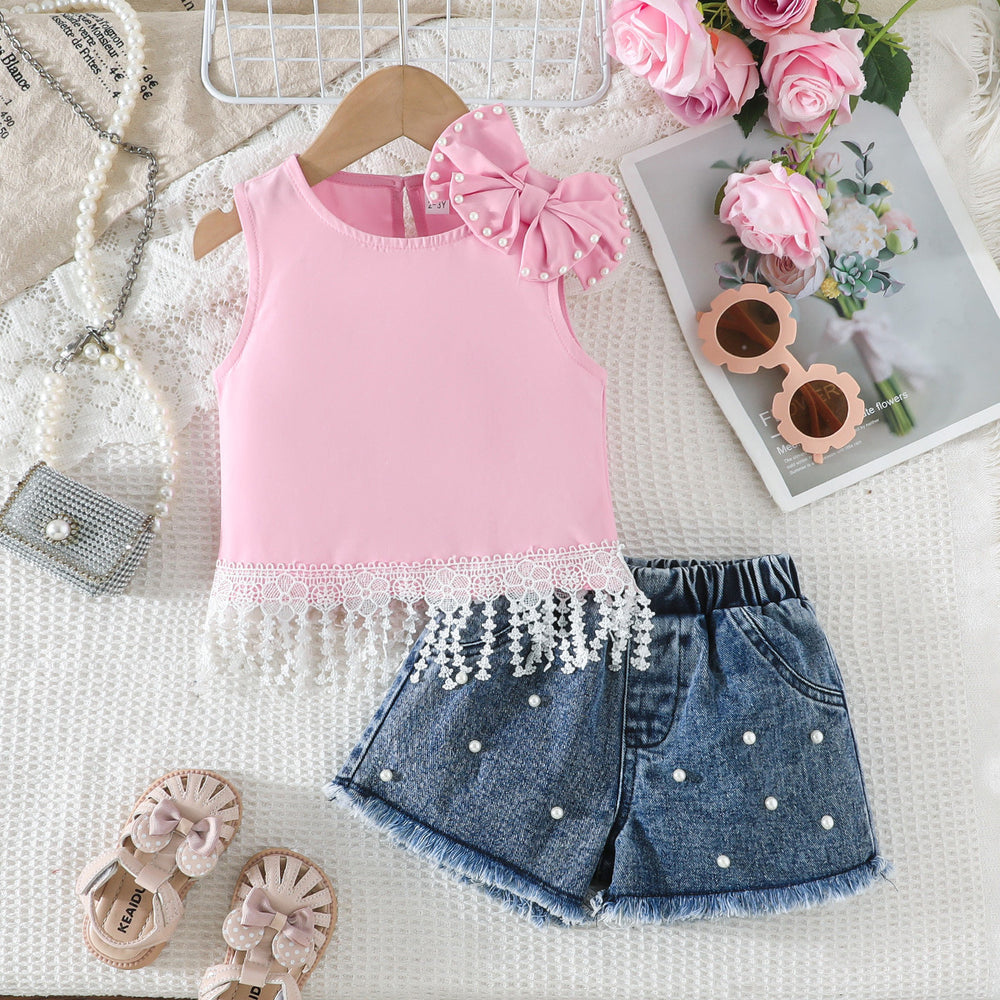 european and american style girls' summer outfit: bowknot lace tassel tank top + beaded denim shorts set