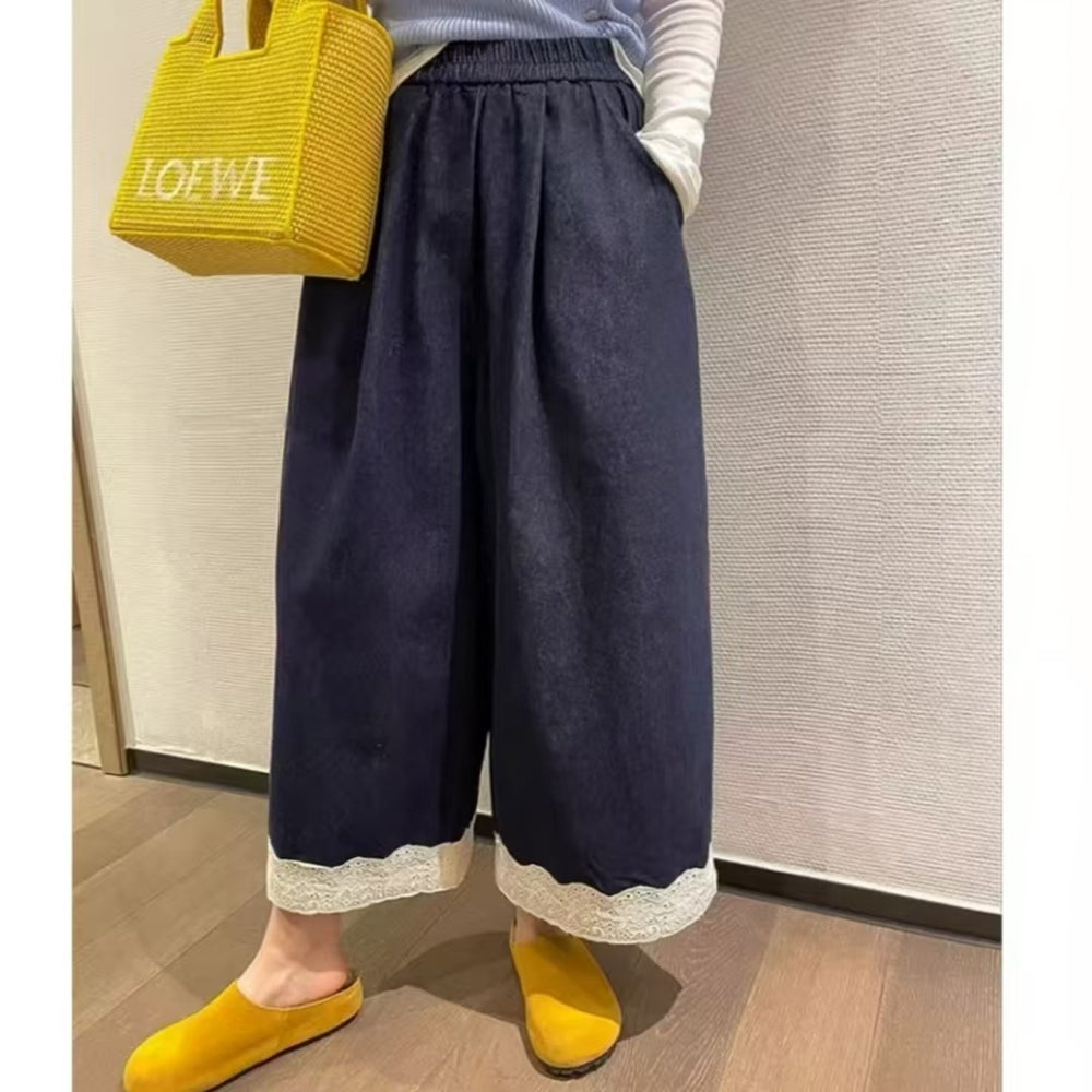 【summer new arrivals】korean style girls' lace-trimmed denim pants -  new fashion wide-leg trousers for baby girls