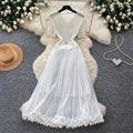 High-end heavy industry beading v neck short-sleeved dress women's summer waist-cinching pleated long skirt elegantaccessible luxury dress skirt