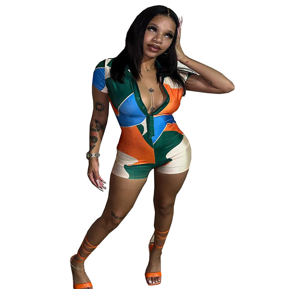 summer european and american cross-border women's fashion:  street style slim-fit geometric patchwork short-sleeve jumpsuit shorts