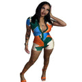 summer european and american cross-border women's fashion:  street style slim-fit geometric patchwork short-sleeve jumpsuit shorts