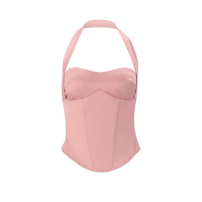 summer new women's sexy & sweet halter top with asymmetrical neckline & tie-waist mini skirt set