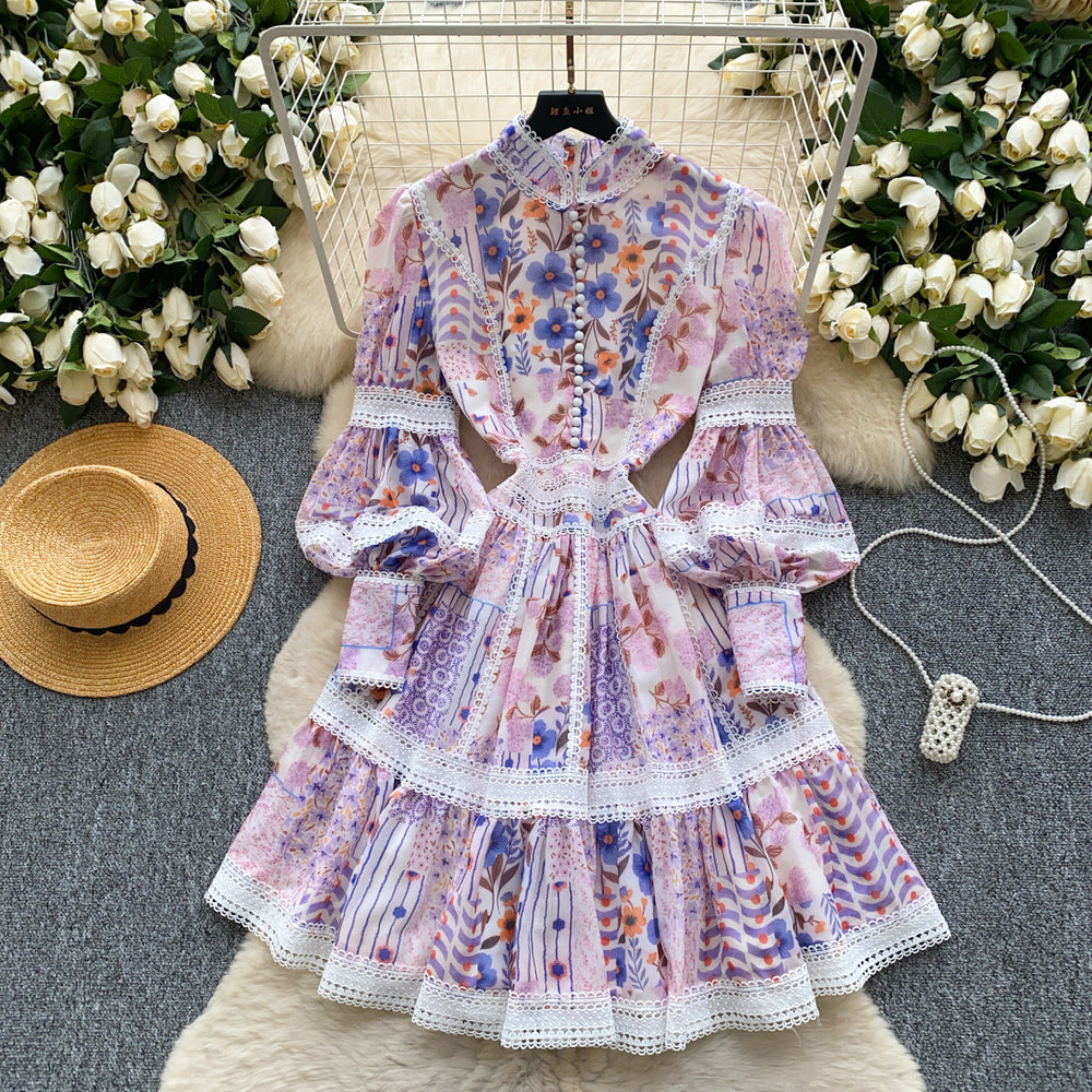 Elegant court style printed lantern sleeve dress - women's summer lace patchwork waist design midi dress