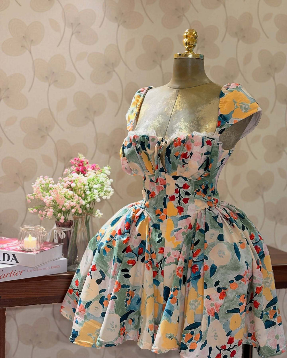 European and american cross-border women's fashion:  summer new arrivals - fresh camisole lace print high-waisted ruched mini dress
